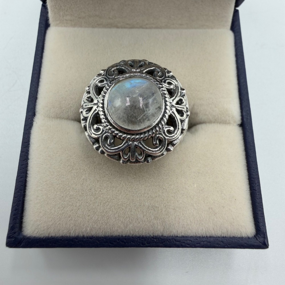 Antique Sterling Silver 925 Moonstone Filigree Statement Ring Ornate Scrollwork